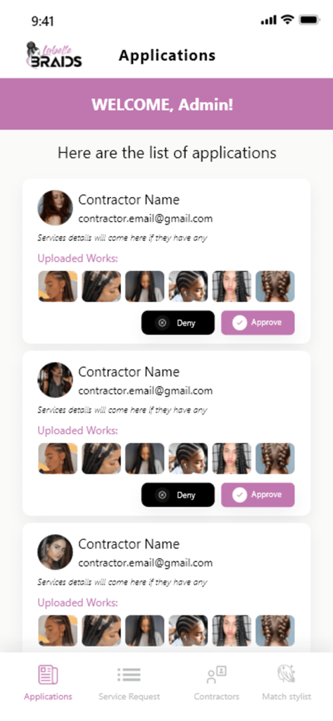 Labelle Braids - Labelle Braidsアプリで、ポートフォリオと承認ボタン付きのヘアスタイリスト申請を表示する管理者ダッシュボード