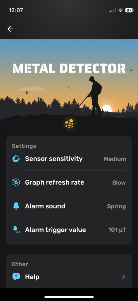 Smart Metal Detector - El menú de configuración de la aplicación Detector de Metales Inteligente que muestra opciones de sensibilidad del sensor, tasa de actualización del gráfico, sonido de alarma y valor de activación de la alarma.
