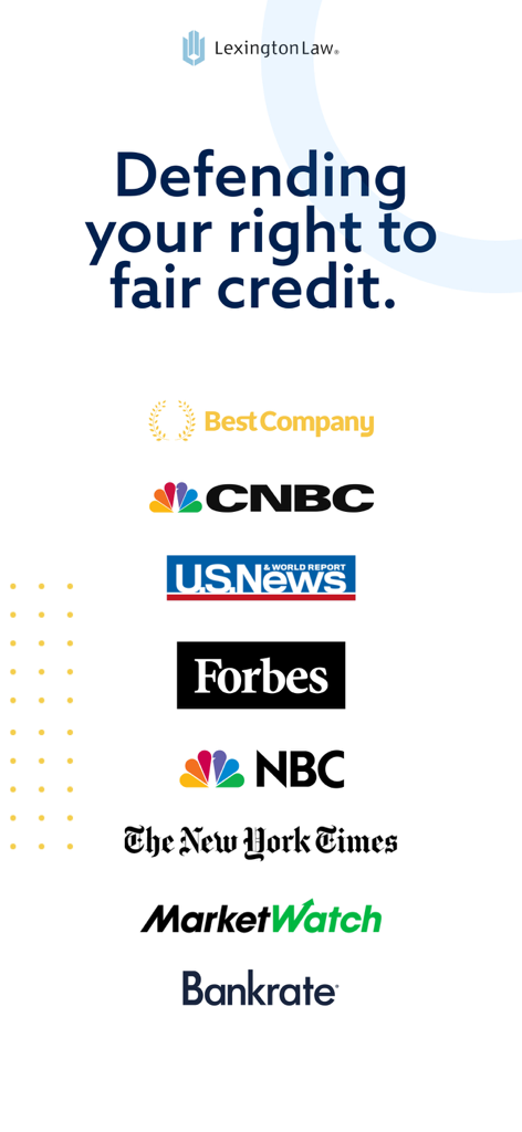 Lexington Law app screen showing trust indicators and logos from CNBC, Forbes, and The New York Times.