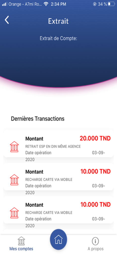 DigiCarte - Interfaccia dell'app DigiCarte che mostra un elenco di transazioni recenti in Dinari tunisini.