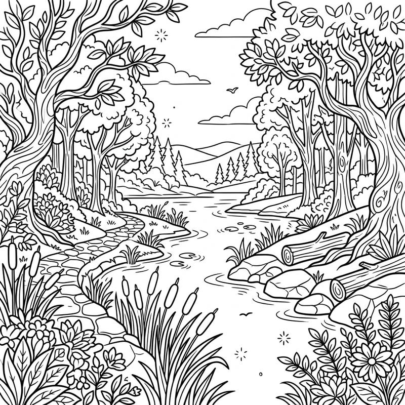 Discover tranquility with this intricate coloring page featuring lush river banks. This full scene landscape invites you to bring a vibrant natural world to life with your favorite colors.