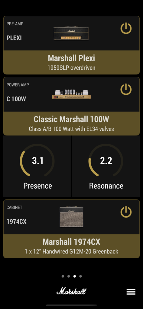 Marshall Gateway - Interface of the Marshall Gateway app showing settings for Plexi pre-amp, 100W power amp, and cabinet configuration