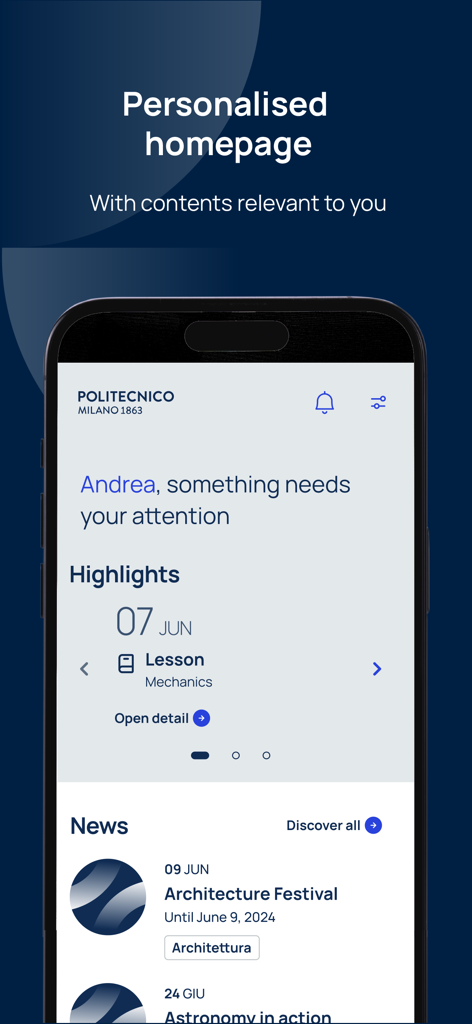 Polimi App - Personalized homepage of the Polimi App showing a student agenda and university news
