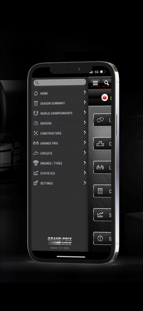 GPGuide - Menu principale dell'app GPGuide su un iPhone che mostra le sezioni di statistiche e dati storici di Formula 1.