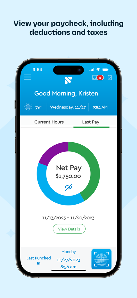 Fingercheck Mobile app dashboard displaying net pay summary and last paycheck information
