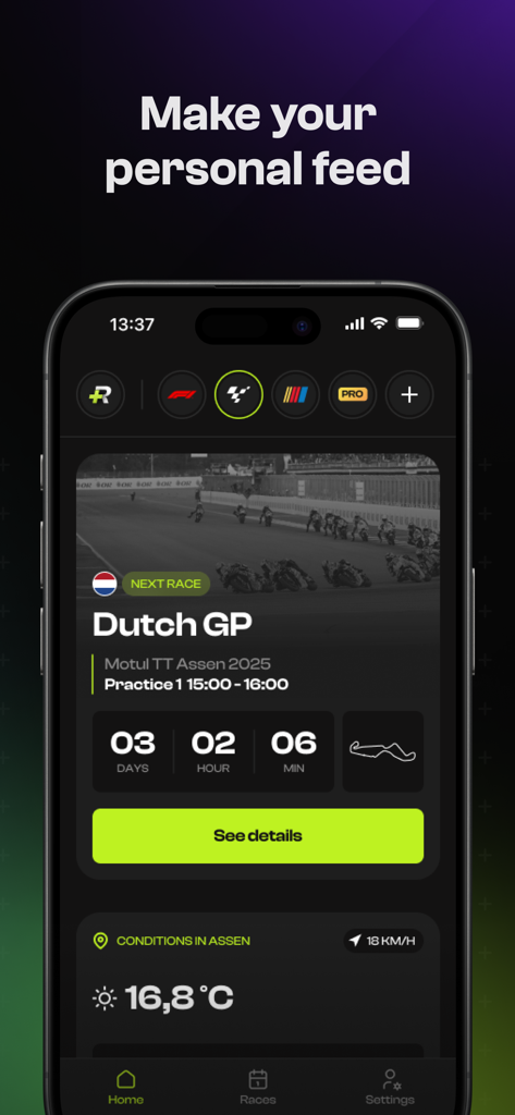 Raceboard - Racing Widgets - Raceboard app interface showing a countdown to the Dutch GP and local weather conditions for Assen
