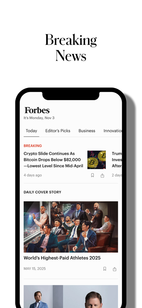 Forbes - Captura de pantalla del feed de noticias de última hora de la app Forbes que muestra artículos de negocios y finanzas.
