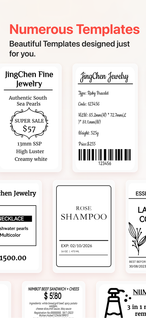 NIIMBOT - Eine Vielzahl professioneller Etikettenvorlagen für Schmuck, Shampoo und Lebensmittel innerhalb der NIIMBOT-App