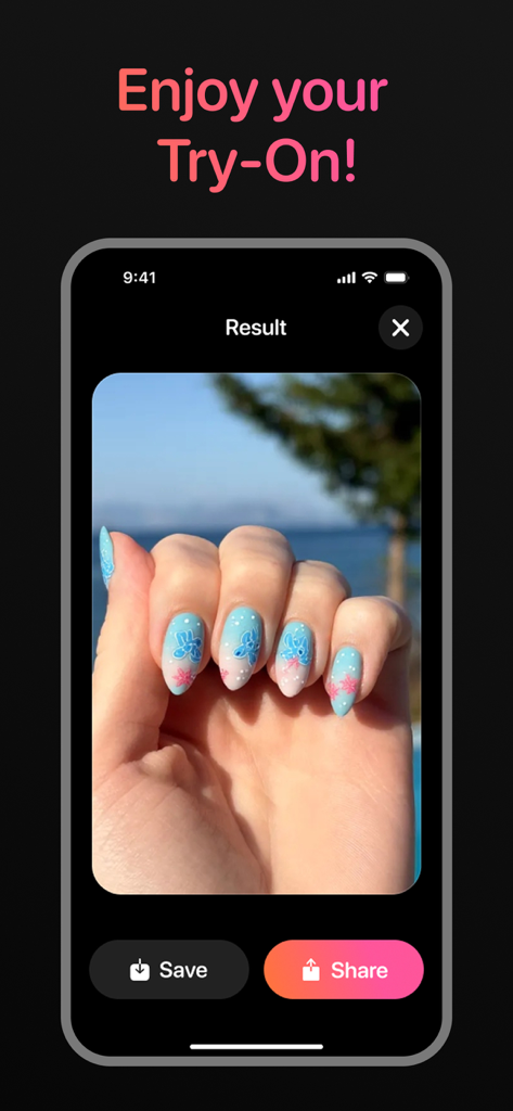 Nail Diva app virtual try on result with light blue and white patterned nail art on a hand