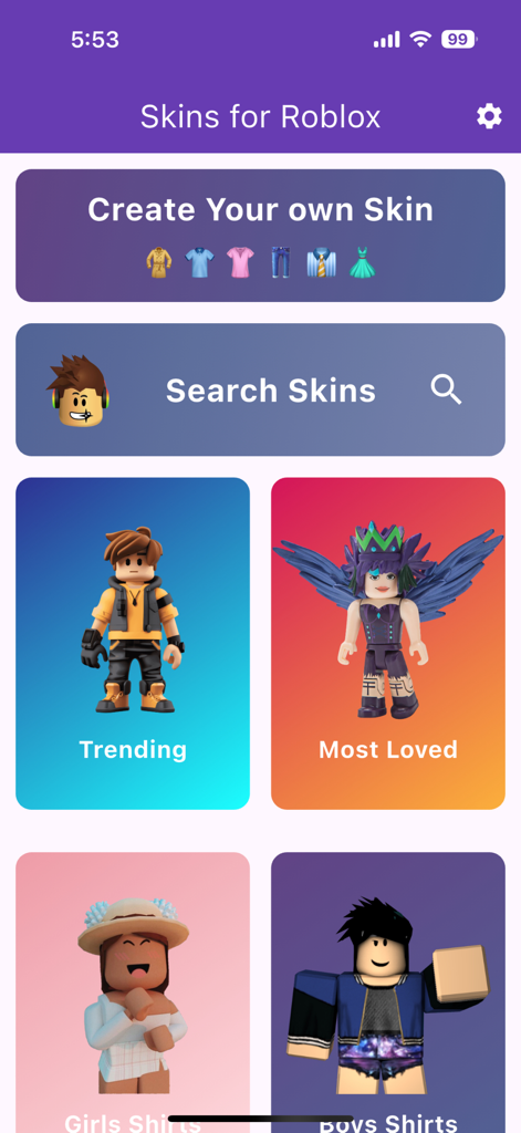 Menu principal do aplicativo criador de skins Roblox mostrando opções para design de avatar personalizado e skins populares