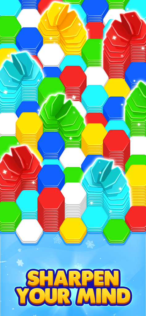 Colorful 3D hexagonal tiles stacked in HexaGo sorting puzzle game with text Sharpen Your Mind