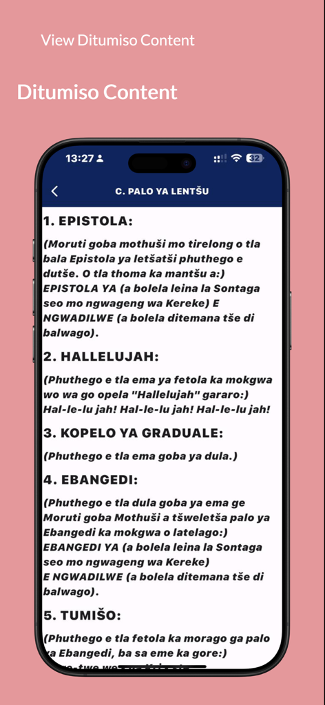 Difela Tša Luthere SA - A screen from the Difela Tsa Luthere SA app showing liturgical text in Sepedi