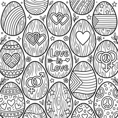 Dive into a celebration of love and diversity with this unique coloring page featuring wooden Easter eggs. Each egg is adorned with meaningful symbols, perfect for honoring Pride Month in a creative way.