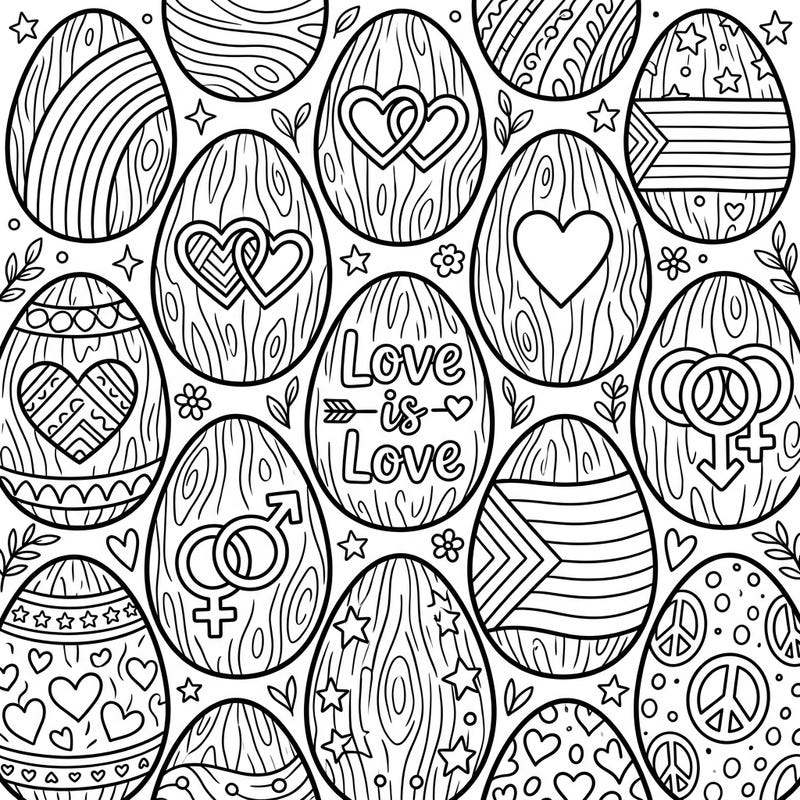 Dive into a celebration of love and diversity with this unique coloring page featuring wooden Easter eggs. Each egg is adorned with meaningful symbols, perfect for honoring Pride Month in a creative way.