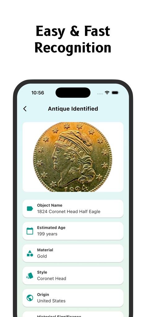 Antique Identifier - Antiqio - Antiqio app screen showing a recognized 1824 Coronet Head Half Eagle gold coin with details like age and material