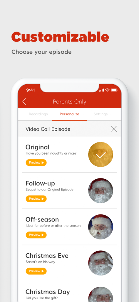 Customizable video call episodes in the Parents Only section of the Video Call Santa app