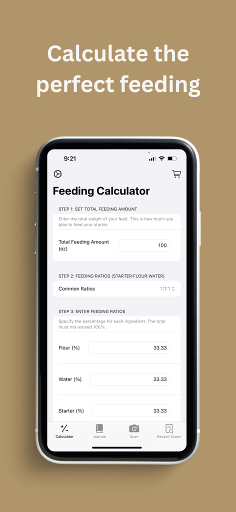 Loaflo: Sourdough Starter - Interface of the Loaflo app showing the feeding calculator for sourdough starter on an iPhone screen.
