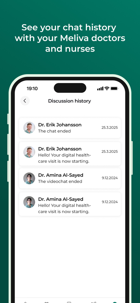 Meliva Sweden - Meliva app screen showing discussion history with doctors and nurses