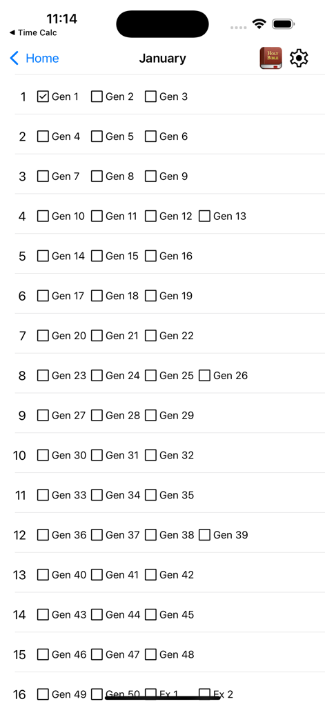 Bible One Year - A daily Bible reading checklist for January showing Genesis chapters with progress checkboxes.