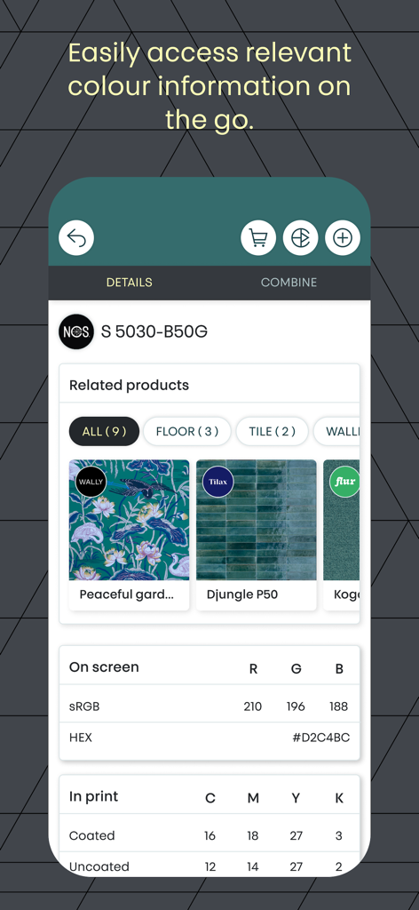 Interfaz de la aplicación NCS plus que muestra notaciones de color y valores de traducción técnica para RGB y CMYK.
