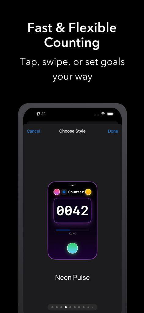 Numly AI: Smart Tally Counter - A smartphone screen showing a neon purple tally counter interface with goal progress and customizable style options