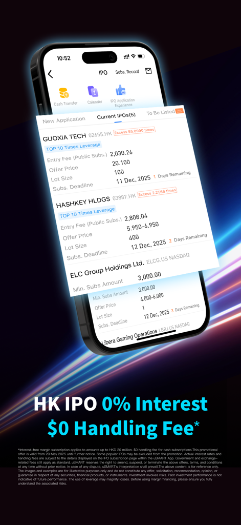 uSMART HK: No.1 Tech Broker^ - uSMART HK mobile app screen showing current IPO listings with 0 percent interest and zero dollar handling fee promotion