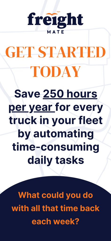 Freight Mate - Gráfico promocional do Freight Mate destacando 250 horas de economia de tempo anual por caminhão através da automação de frota