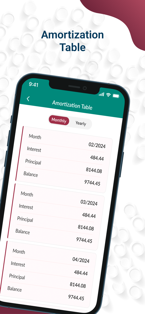 My Estate Point India - A smartphone screen from the My Estate Point India app displaying a monthly loan amortization table with interest and principal details
