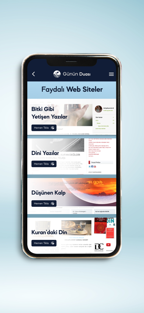Gunun Duasiアプリのスクリーンショットで、有用な宗教的および精神的なウェブサイトの厳選されたリストと、詳細情報を見るためのクリックボタンが表示されています。