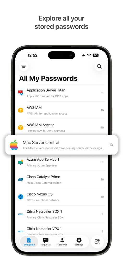ManageEngine PAM360 - ManageEngine PAM360 app interface showing a list of stored enterprise passwords and server access