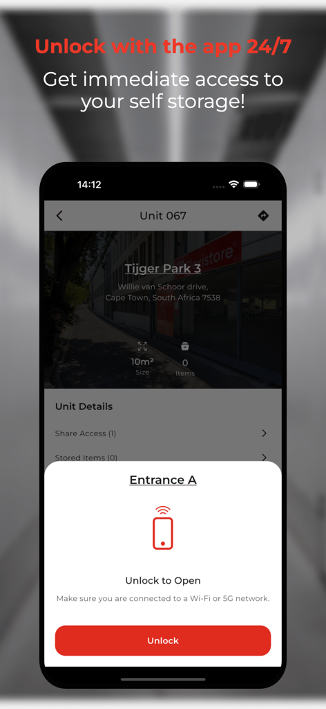 Flexistore mobile app interface showing the digital key feature for unlocking storage units via smartphone.