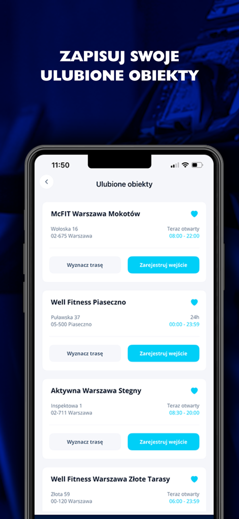 App mobile Medicover Sport che mostra un elenco delle strutture fitness preferite con pulsanti per il check-in e la navigazione del percorso