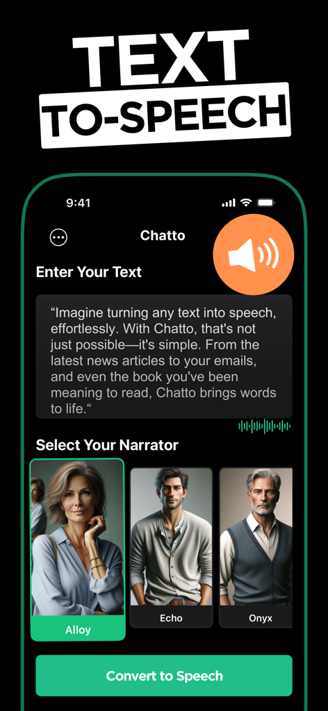 Chatto AI app interface for text to speech conversion with narrator voice selection