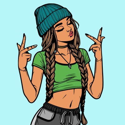 realistic teenage girl with braids and a beanie and crop top doing 🫶🏼