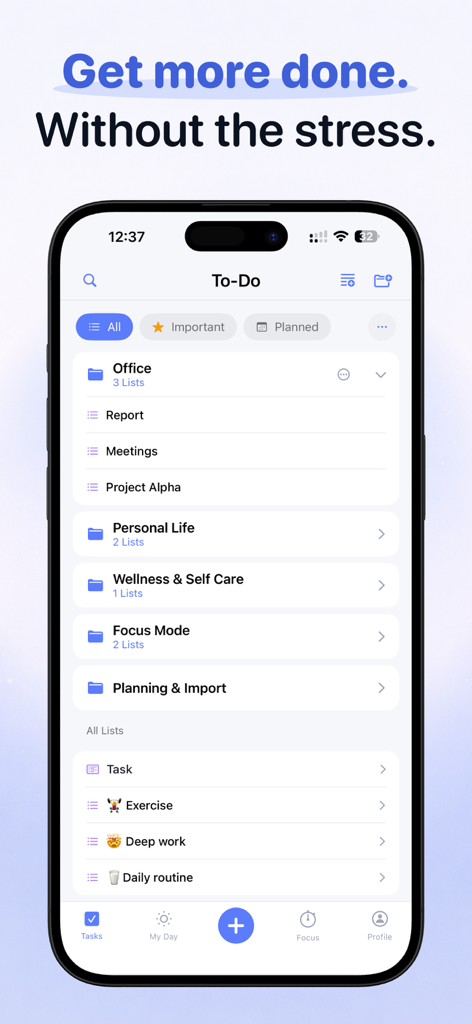 To Do List & Tasks Calendar - Dashboard of the To Do List and Tasks Calendar app featuring task organization folders for office, personal life, and focus mode.