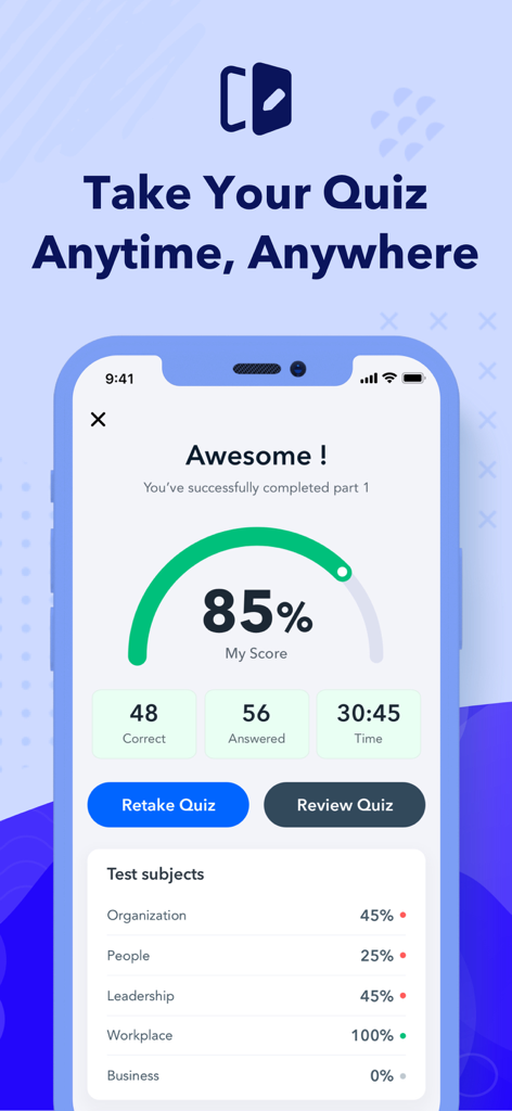 SHRM Exam Prep 2026: CP & SCP - SHRM Exam Prep app showing quiz results with a score of 85 percent