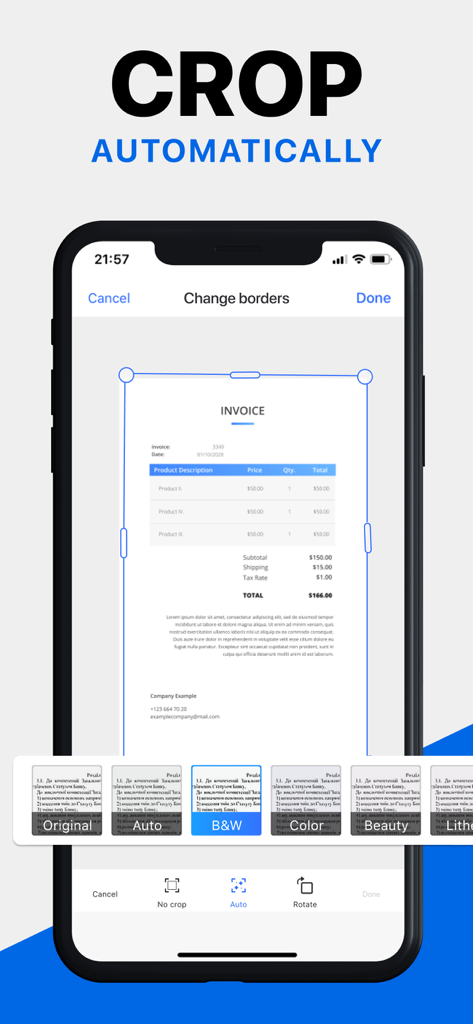 Mobile Scanner App screen showing the automatic document cropping and border detection feature.