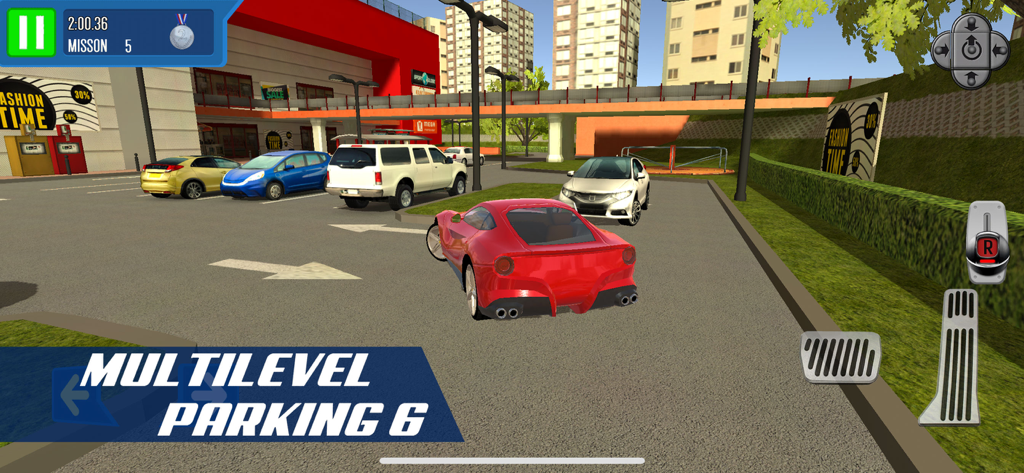 Multi Level: Shopping Mall - Red sports car driving through a realistic shopping mall parking garage simulation