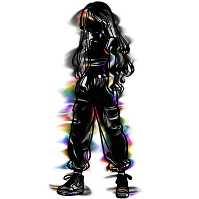 girl in baggy pants crop top and long hair