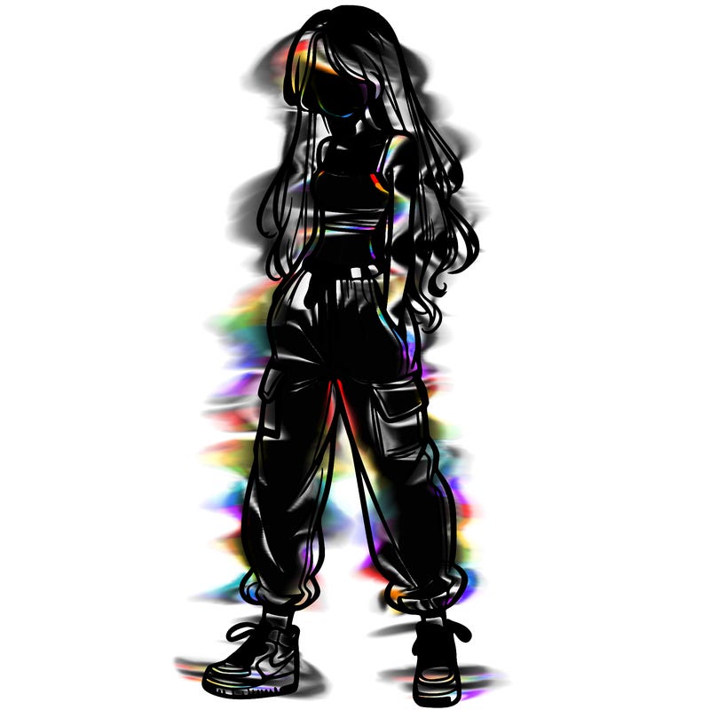 girl in baggy pants crop top and long hair