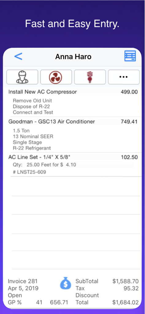Interface do aplicativo HVAC Pro mostrando uma fatura de serviço detalhada com itens de linha para instalação de AC e peças