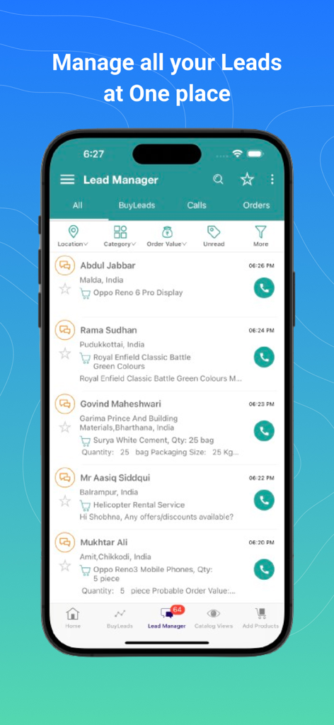 Lead Manager screen of the IndiaMART app showing a list of business inquiries and buyer leads