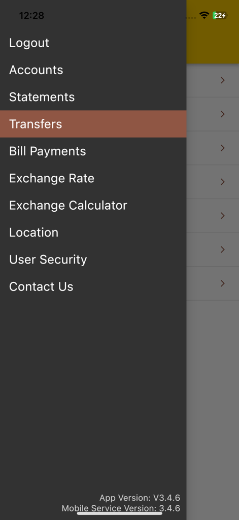 Menu de navigation latéral de l'application GODO Mobile Banking montrant diverses options comme les comptes, les virements et les paiements de factures