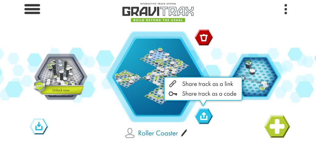 GraviTrax app screen showing options to share a marble run track as a link or a code.