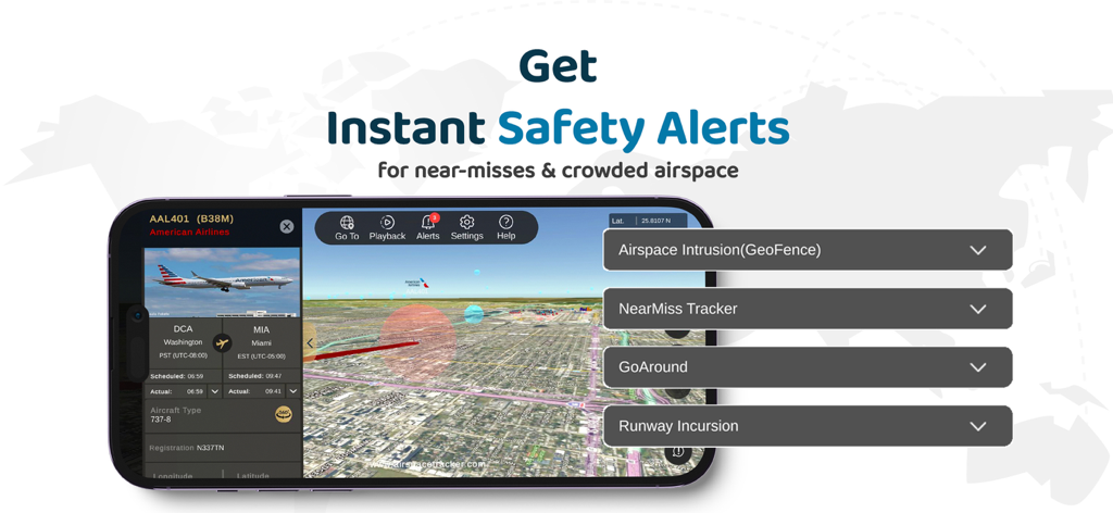 Aplicación AirspaceTracker que muestra rutas de vuelo 3D en tiempo real y categorías de alertas de seguridad para casi colisiones e incursiones en pista
