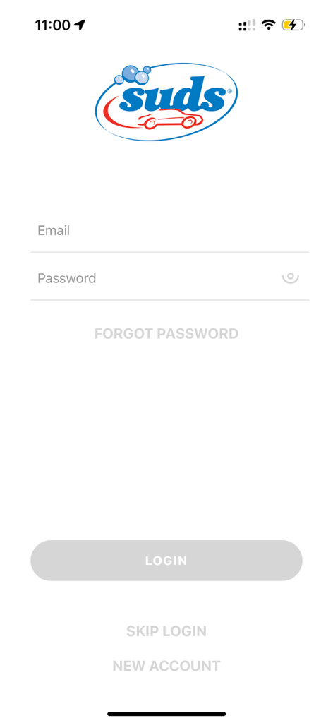 Suds Car Wash - Écran de connexion de l'application mobile Suds Car Wash avec des champs pour l'e-mail et le mot de passe