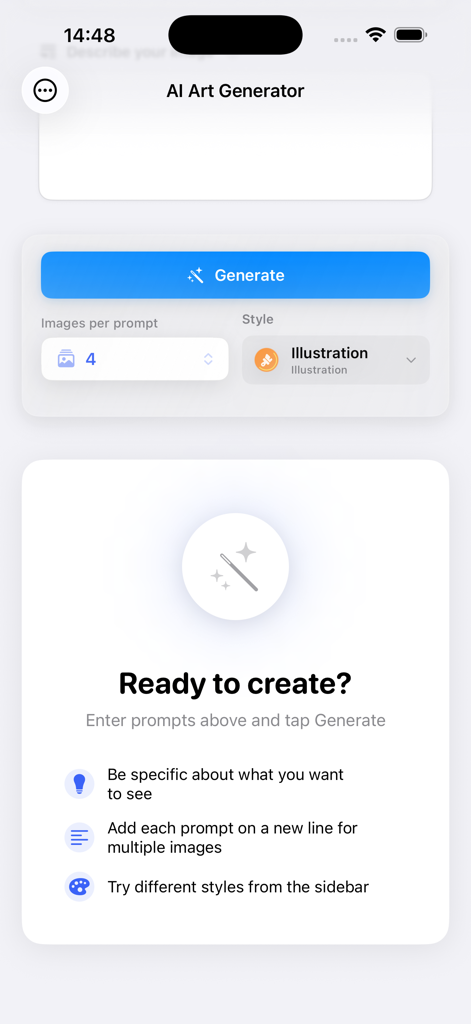 Image Play Studio - The user interface of Image Play Studio showing the AI Art Generator screen with settings for image prompts and artistic styles.