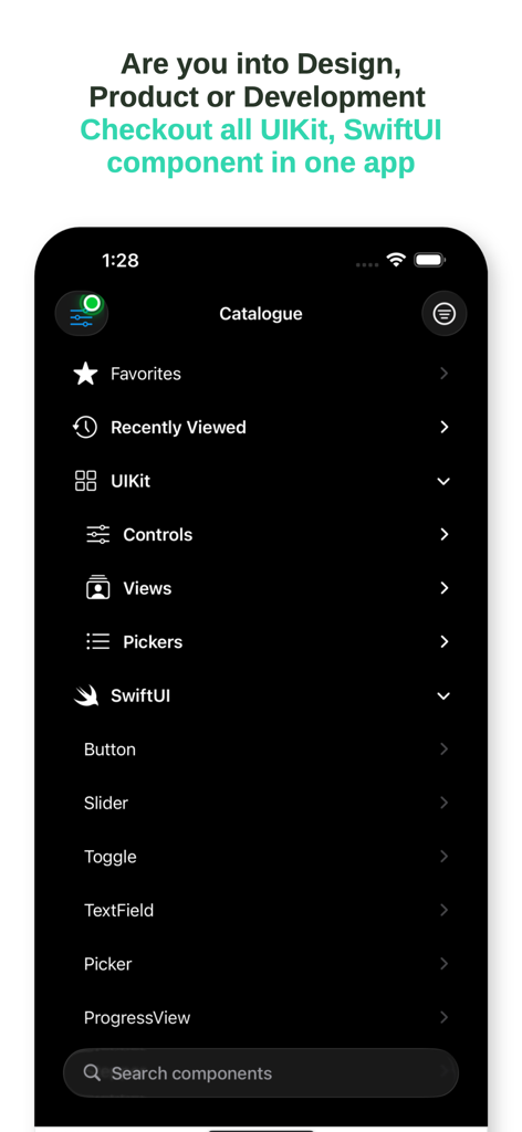 Catalog - UI - Menu of iOS UIKit and SwiftUI components in the Catalog UI app.