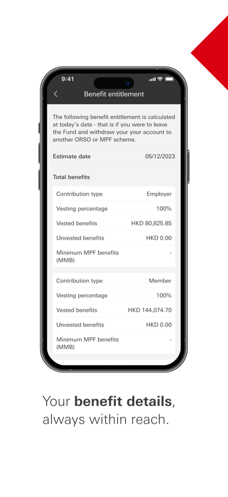 HSBC ORSO Member - Interfaz de la aplicación móvil que muestra los detalles de derecho a beneficios, incluidas las contribuciones del empleador y del miembro para un plan de jubilación ORSO