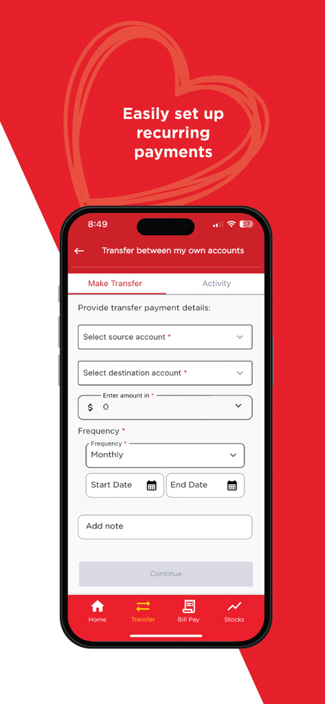 Mobile app interface of JMMB Moneyline showing the recurring payments and fund transfer setup screen
